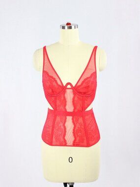 VICTORIA'S SECRET Red Mesh Lace Plunge Bustier Top, Size XS